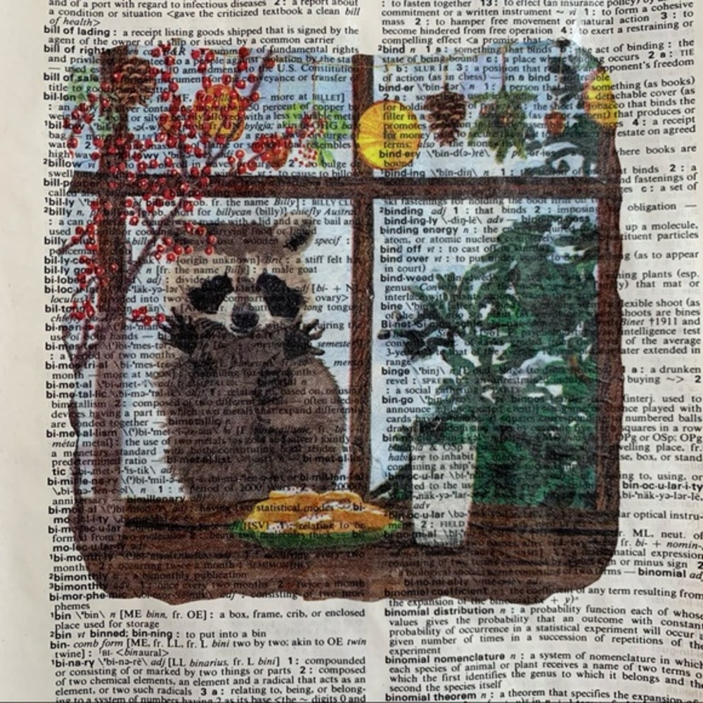 Raccoon Artwork on Vintage Dictionary Page